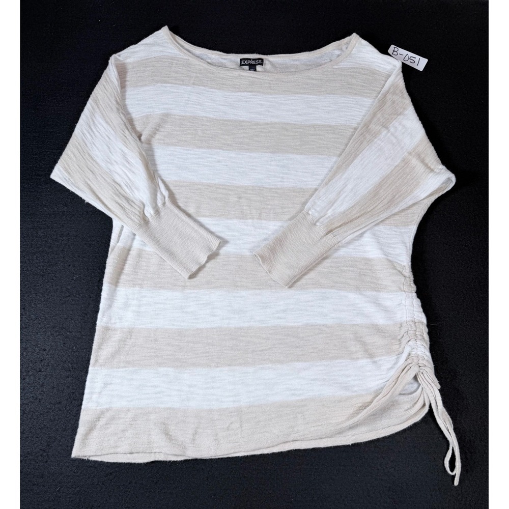 Express Women Beige White Striped Dolman Sleeve Side Cinch Ruched Knit Top M
